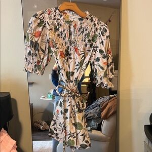 Floral Smocked Waist Tie Dress - White/Green Print